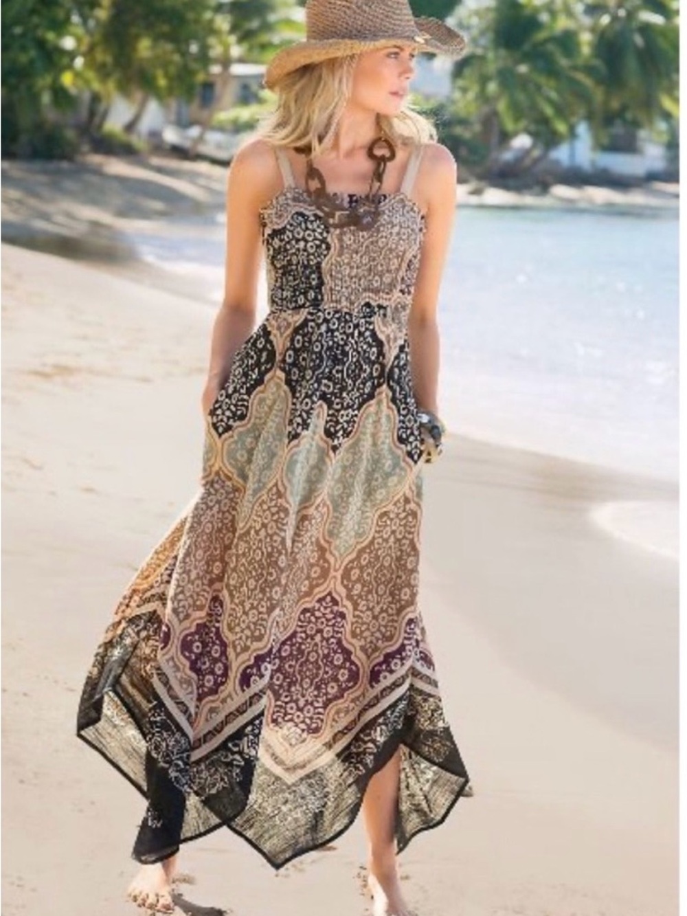 Soft Surroundings Boho Patchwork Handkerchief Maxi Dress in Beige and Black, S.